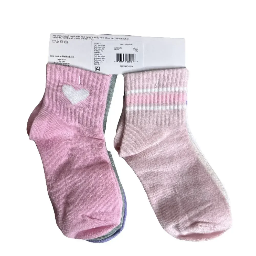Wonder Nation Toddler Girl Mid Crew Socks 6 Pack Sizes 3T-5T New